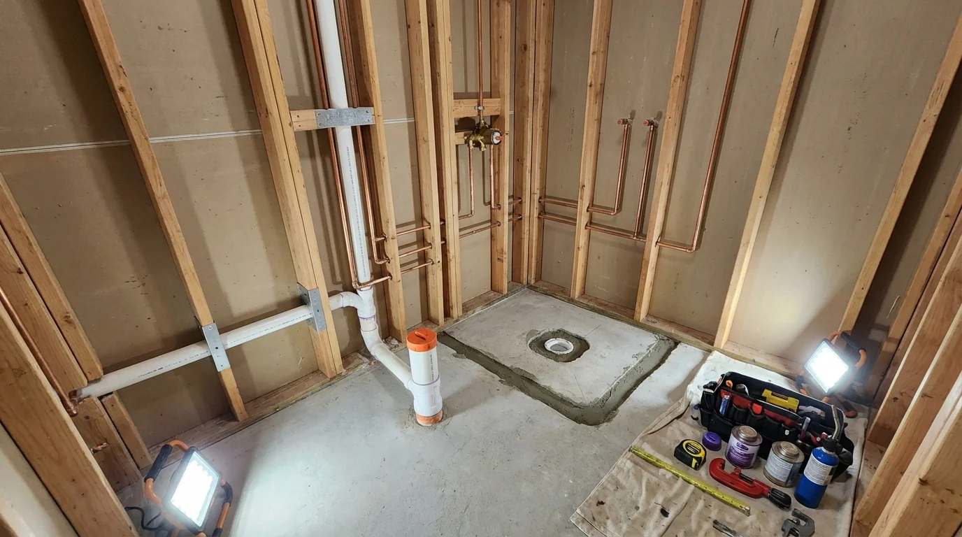 Bathroom rough-in plumbing during remodel by Johns Plumbing LLC in Delano