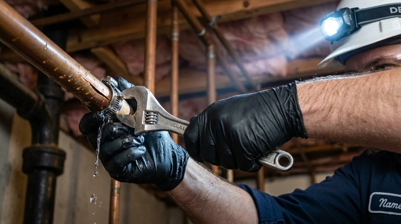 Emergency pipe clamp repair being performed by a Johns Plumbing LLC plumber in Delano