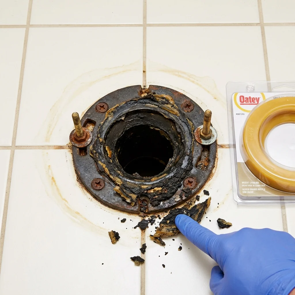 Failed wax ring showing water seepage at the base of a toilet in a Delano, MN home