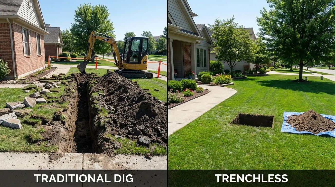 Trenchless sewer repair with minimal yard damage versus traditional excavation in Delano, MN