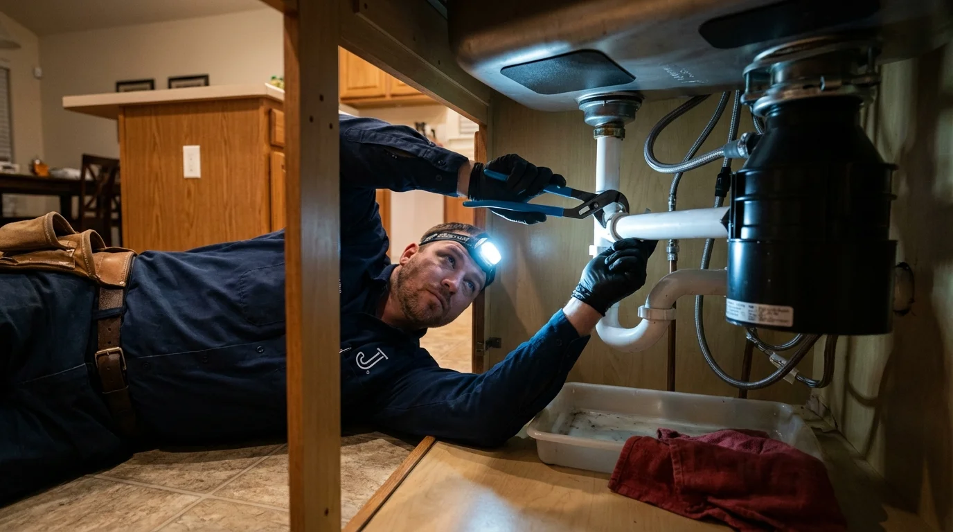 P-trap and supply line connections under a kitchen sink showing a common leak point in Delano, MN